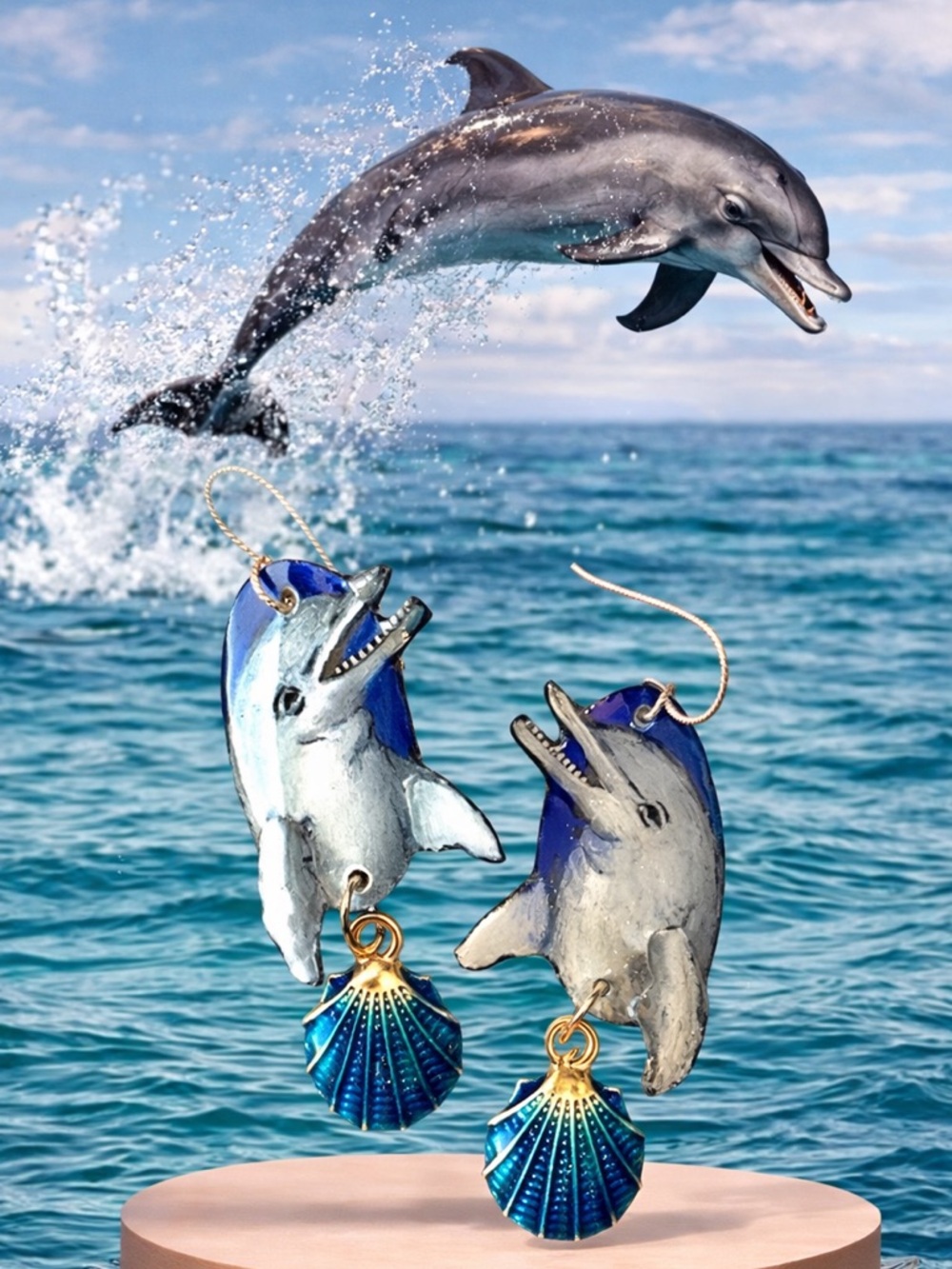 Handpainted Dolphin 🐬 porpoise earrings sterling wires ocean sealife waves
